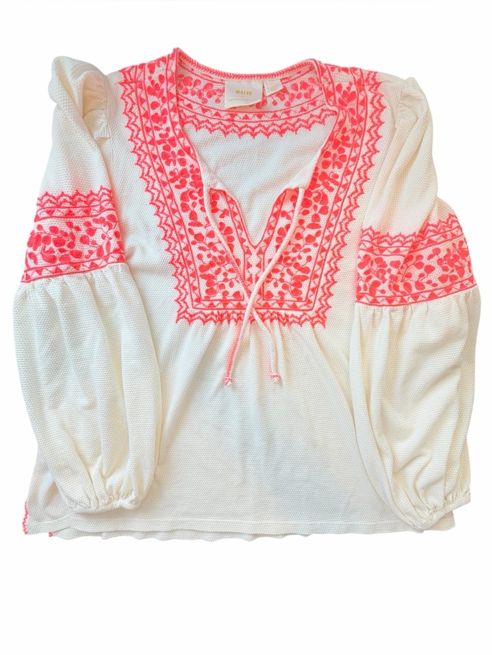 Maeve Cream Peasant Blouse with Orange Embroidery Sz XL